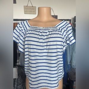 J. Crew White and Blue Flutter Sleeve Smocked Blouse